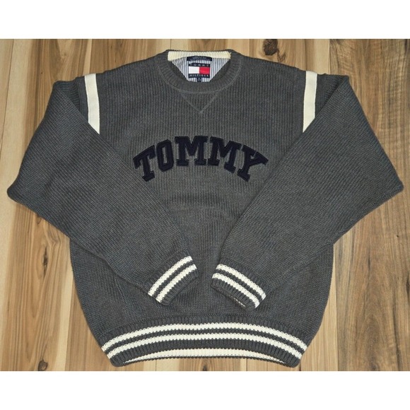 Tommy Hilfiger Cable Knit Sweater Mens Dark Gray Size XL Spell Out Front & Back - Picture 1 of 8